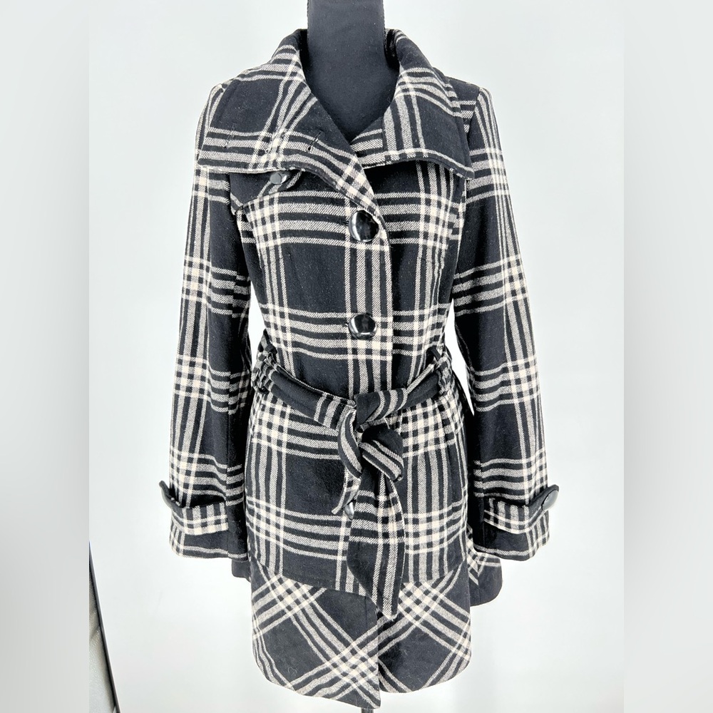 EXPRESS WOOL BLEND COAT IN BLACK & WHITE, WAIST BELT,‎ BUTTON,  DOWN FULLY LINED